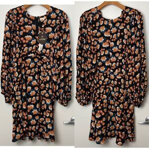 byTiMo Poppyfield Black Orange Floral Mini‎ Dress Puff Long Sleeve V-neck sz M
